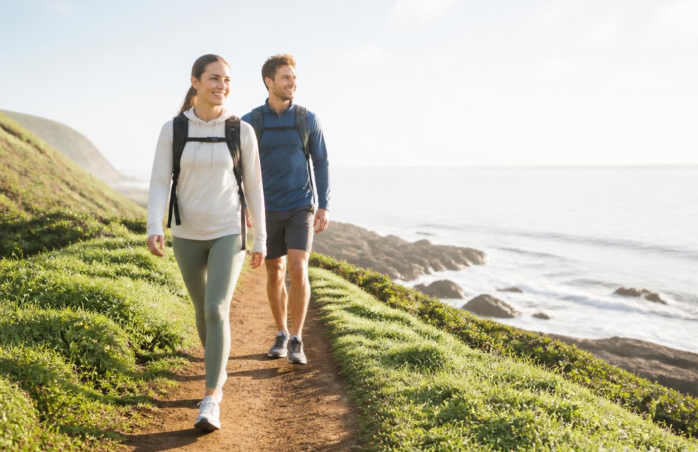 Two people hiking a sunlit coastal trail